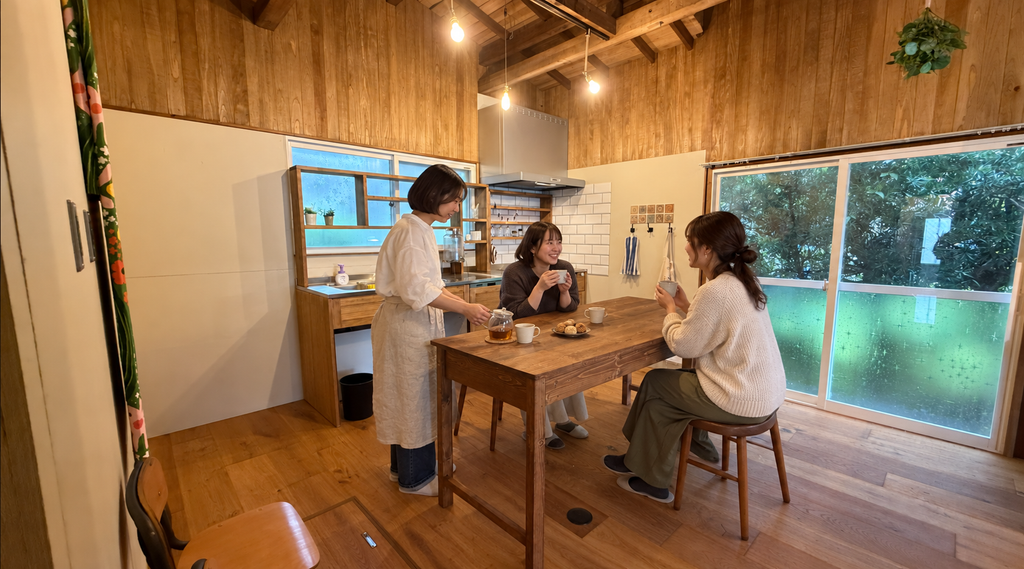 リノベーションされたキッチン前のテーブルで話をしている女性達