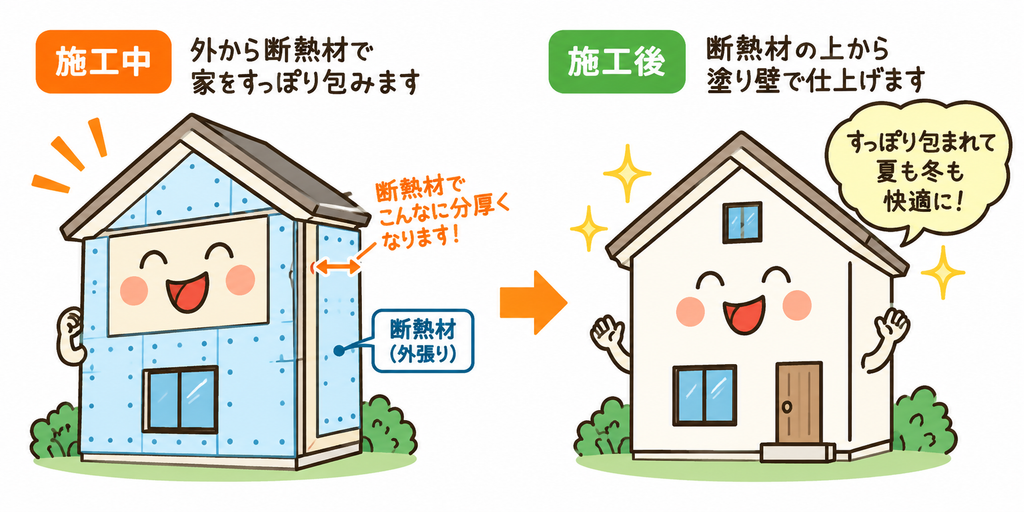 断熱材の施工中と施工後の様子