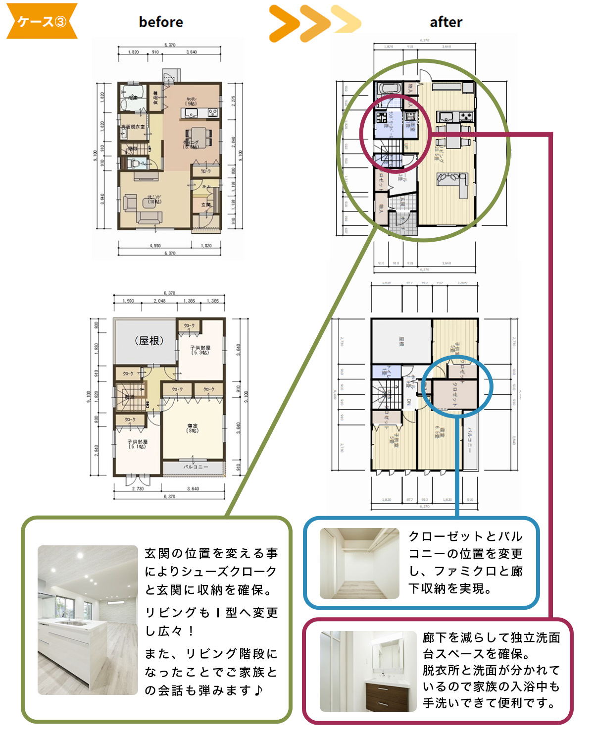 ケース③廊下を減らして独立洗面台スペースを確保。脱衣所と洗面が分かれているので家族の入浴中も手洗いできて便利です。玄関の位置を変える事によりシュークロと玄関に収納を確保。リビングもⅠ型へ変更し広々!また、リビング階段になったことでご家族の会話も弾みます♪クローゼットとバルコニーの位置を変更し、ファミクロと廊下収納を実現。
